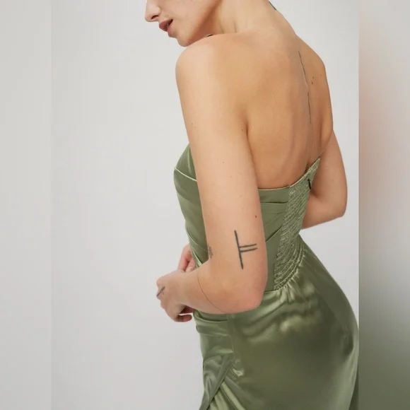 Reformation Barrow Artichoke Green Silk Strapless Cocktail Gown Size 2 NWT